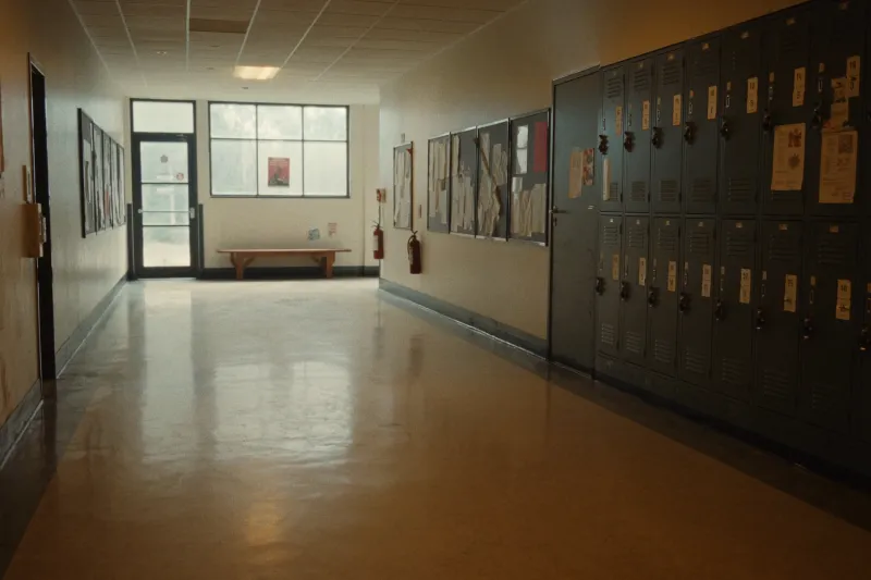 A quiet school hallway lined with lockers, lit by morning light through the windows at the end