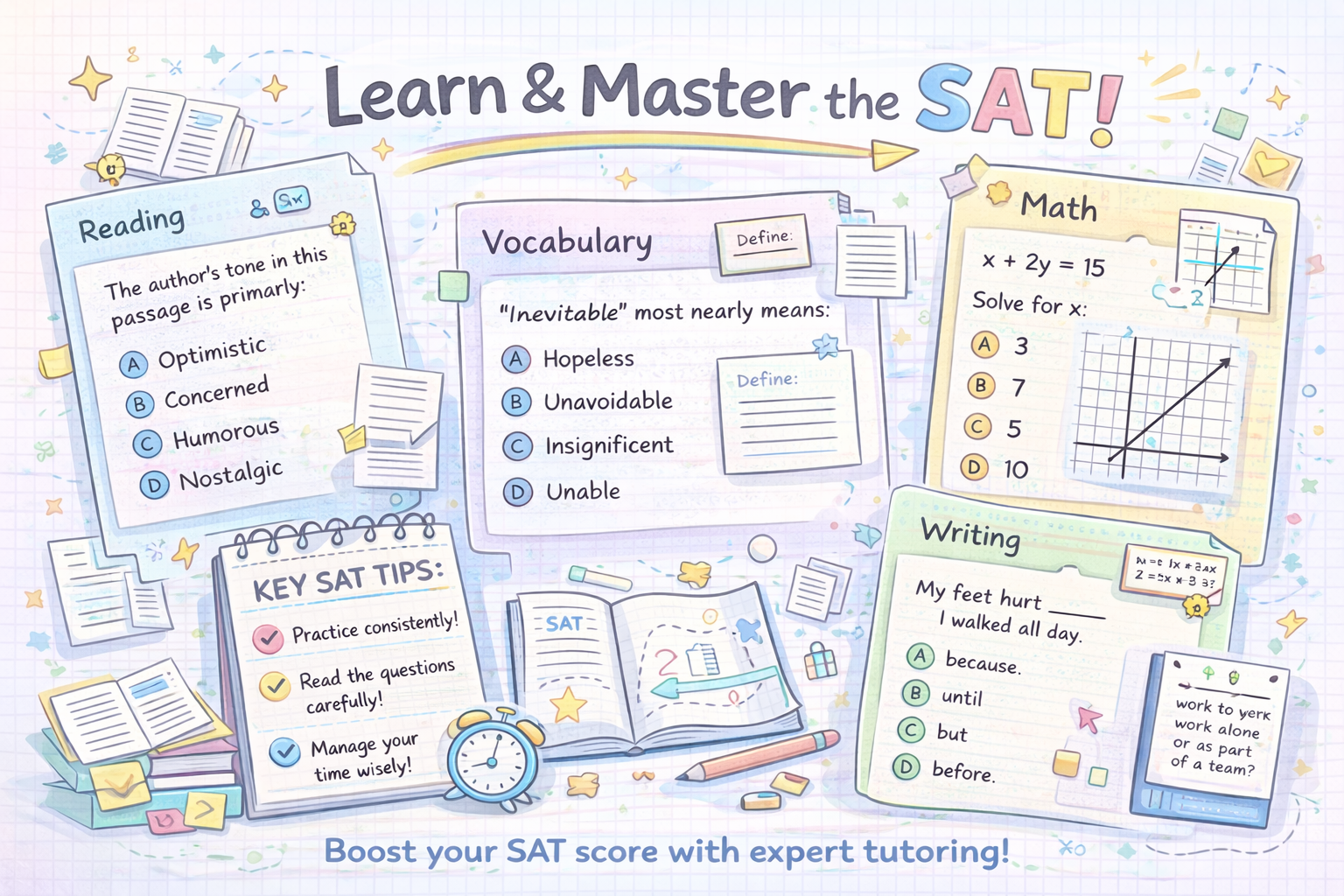 Learn and Master the SAT,study tips, reading, vocabulary, math, and writing